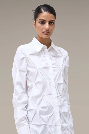 Women's Premium Hand-Pleated Textured Shirt - White Giza Cotton Poplin