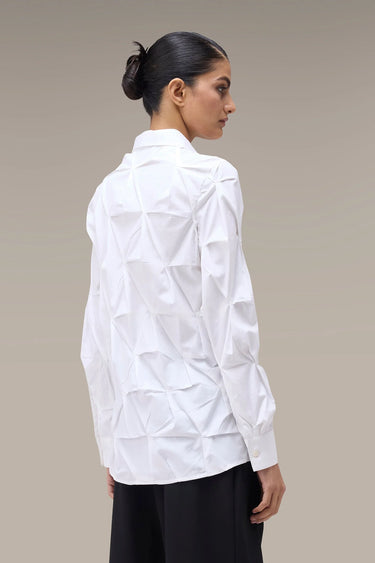 Women's Premium Hand-Pleated Textured Shirt - White Giza Cotton Poplin