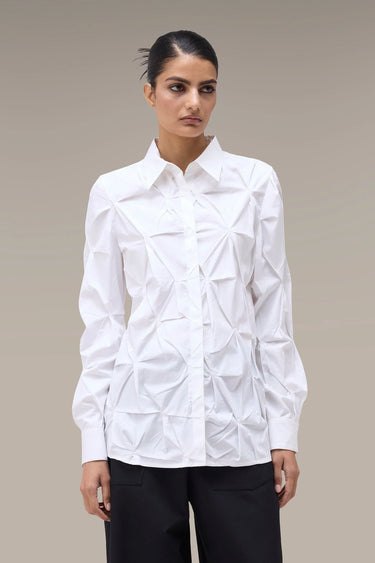 Women's Premium Hand-Pleated Textured Shirt - White Giza Cotton Poplin