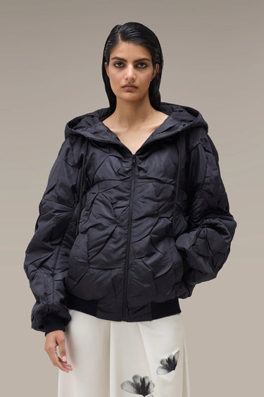 Women's Premium Pleated Texture Hooded Bomber Jacket - Black Nylon
