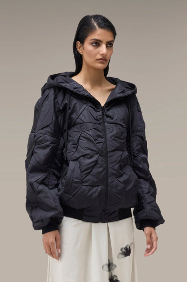 Women's Premium Pleated Texture Hooded Bomber Jacket - Black Nylon