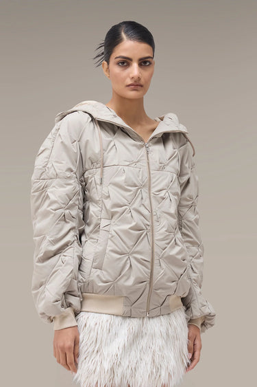 Women's Premium Pleated Texture Hooded Bomber Jacket - Fawn