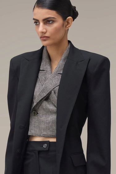 Women's Premium Power Shoulder Tailored Blazer - Black Poly Viscose