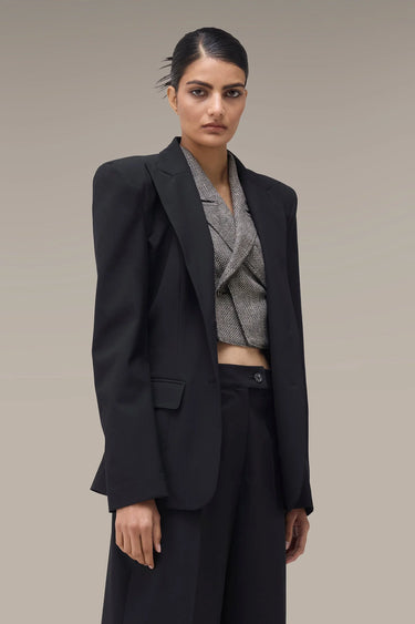 Women's Premium Power Shoulder Tailored Blazer - Black Poly Viscose