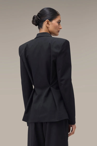 Women's Premium Power Shoulder Tailored Blazer - Black Poly Viscose