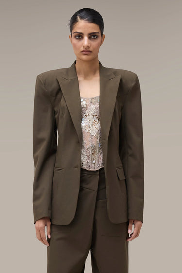 Women's Premium Power Shoulder Tailored Blazer - Khaki Poly Viscose