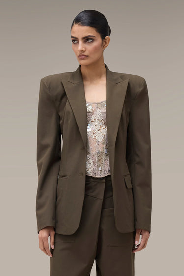 Women's Premium Power Shoulder Tailored Blazer - Khaki Poly Viscose