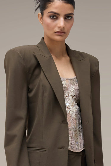 Women's Premium Power Shoulder Tailored Blazer - Khaki Poly Viscose