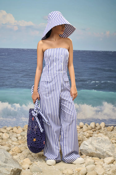 Premium Strapless Jumpsuit in Navy Striped Cotton