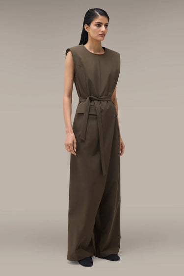 Women's Premium Structured Shoulder Wide Leg Jumpsuit - Khaki Poly Viscose