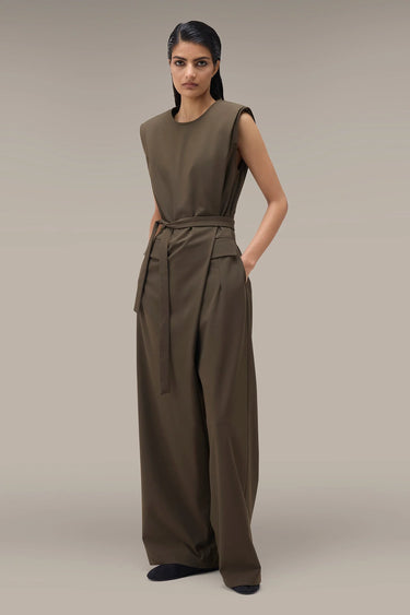 Women's Premium Structured Shoulder Wide Leg Jumpsuit - Khaki Poly Viscose