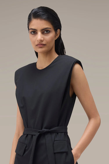 Women's Premium Structured Shoulder Wide Leg Jumpsuit - Black Poly Viscose