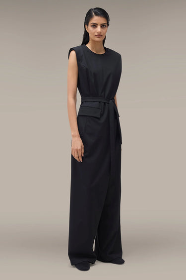 Women's Premium Structured Shoulder Wide Leg Jumpsuit - Black Poly Viscose