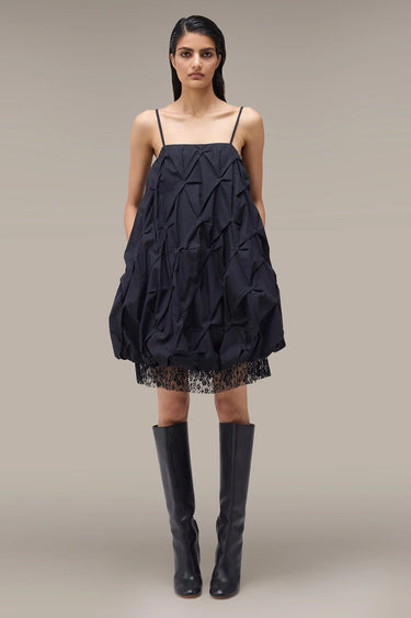 Women's Premium Textured Bubble Mini Dress - Giza Cotton and Lace - Black