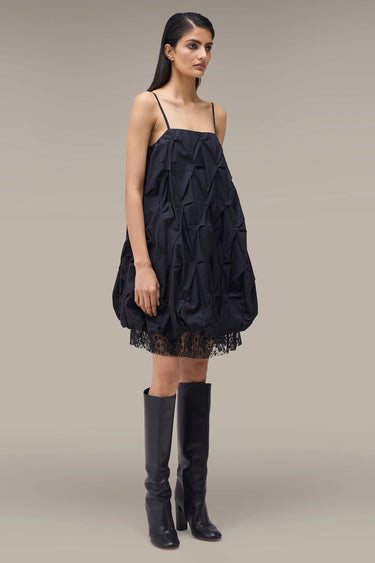 Women's Premium Textured Bubble Mini Dress - Giza Cotton and Lace - Black