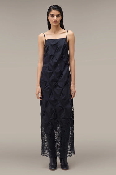 Women's Premium Textured Lace Hem Maxi Dress - Giza Cotton and Lace - Black