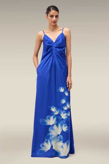 Premium Egyptian Blue Floral Print Satin Maxi Dress