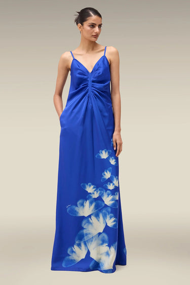 Premium Egyptian Blue Floral Print Satin Maxi Dress