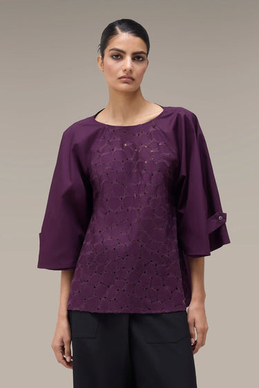 Women's Premium White Cutwork Embroidered Cotton Top - deep purple
