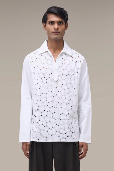 Men's Premium White Cutwork Embroidered Giza Cotton Shirt