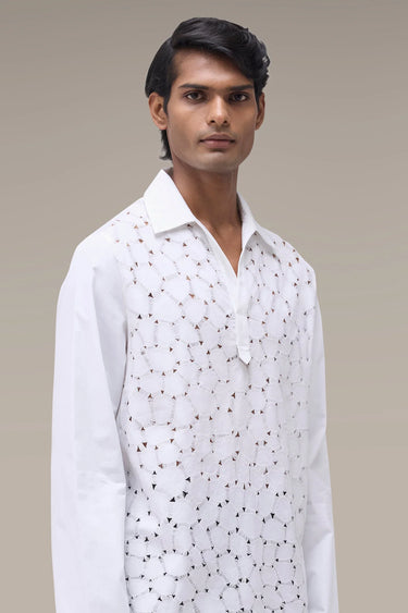 Men's Premium White Cutwork Embroidered Giza Cotton Shirt