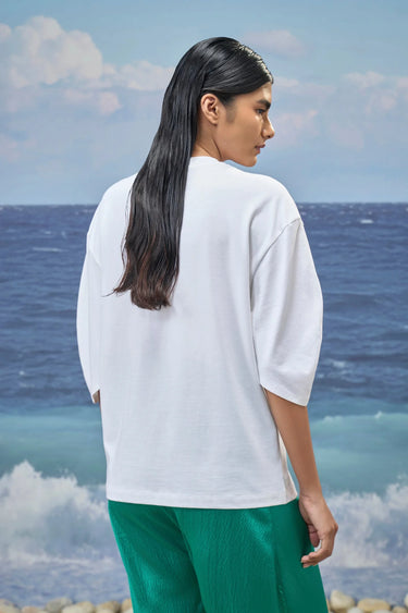 Printed Oversized Top in Premium Cotton Single Jersey - White
