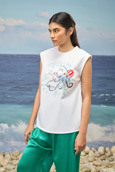 Printed Sleeveless Top in Premium Cotton Poplin – White