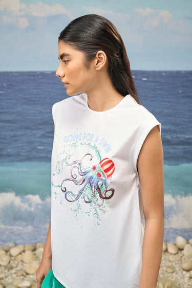 Printed Sleeveless Top in Premium Cotton Poplin – White