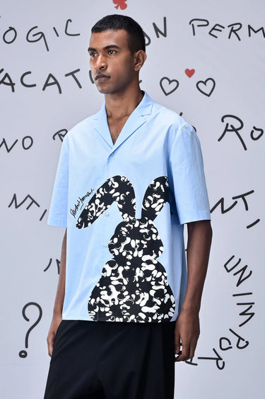 Rabbit Print Cotton Relax Fit Shirt - Light Blue - Genes Online Store