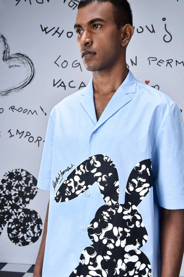 Rabbit Print Cotton Relax Fit Shirt - Light Blue - Genes Online Store