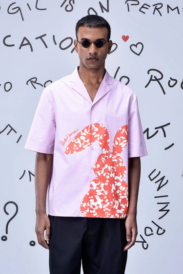 Rabbit Print Cotton Relax Fit Shirt - Smoothie Pink - Genes Online Store