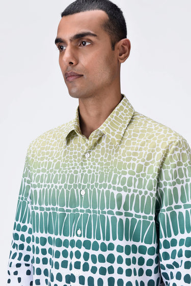 Regular Fit Button-Up Shirt with Cell Degrade Print - Clay Green - Genes Lecoanet Hemant