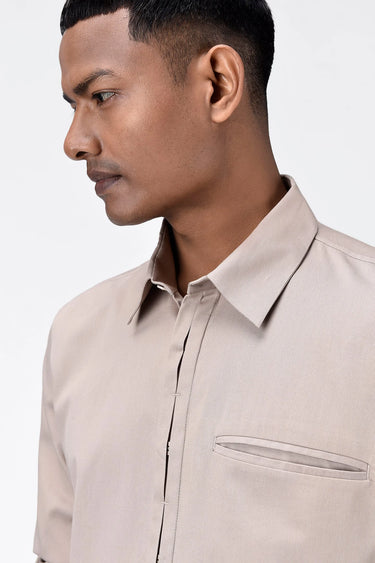 Regular Fit Button Up Shirt with Pleated Placket Sand - Genes Lecoanet Hemant