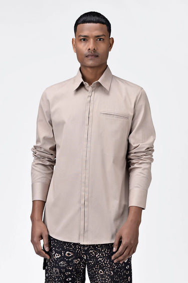 Regular Fit Button Up Shirt with Pleated Placket Sand - Genes Lecoanet Hemant