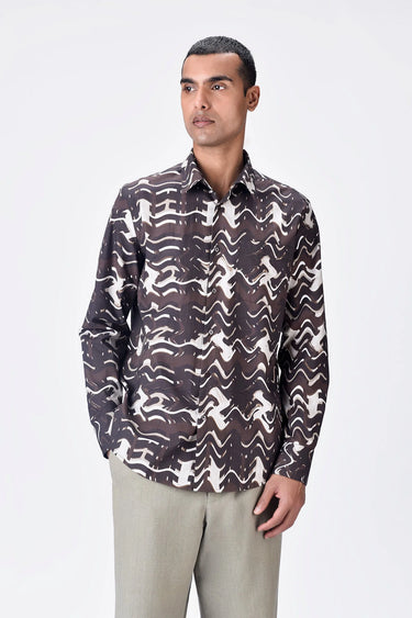 Regular Fit Button-Up Shirt with Solar Wave Check Print Choclate Brown - Genes Lecoanet Hemant