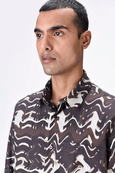 Regular Fit Button-Up Shirt with Solar Wave Check Print Choclate Brown - Genes Lecoanet Hemant
