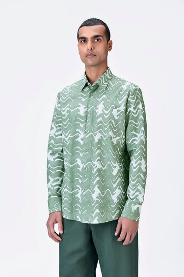 Regular Fit Button-Up Shirt with Solar Wave Check Print Taupe - Genes Lecoanet Hemant