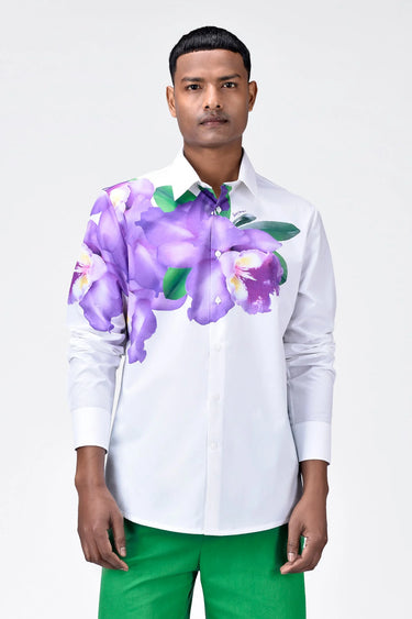 Regular Fit Men's Button-Up Shirt With Orchid Floral Print Placement - Genes Lecoanet Hemant