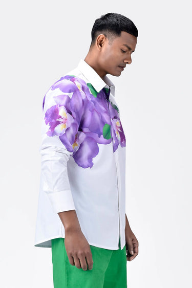 Regular Fit Men's Button-Up Shirt With Orchid Floral Print Placement - Genes Lecoanet Hemant