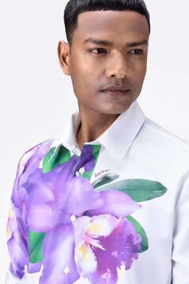 Regular Fit Men's Button-Up Shirt With Orchid Floral Print Placement - Genes Lecoanet Hemant