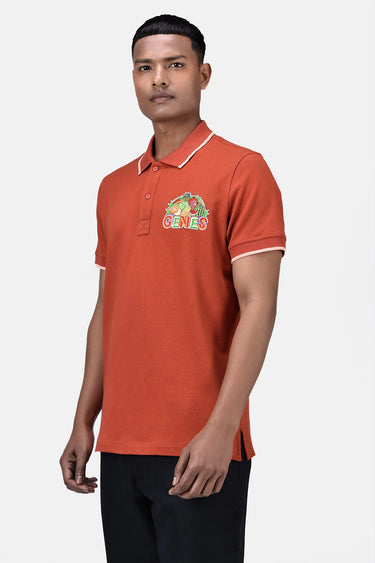 Regular Fit Men's Polo With Genes Fruit Basket Embroidery Coral Orange - Genes Lecoanet Hemant