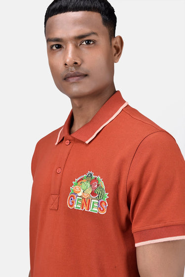 Regular Fit Men's Polo With Genes Fruit Basket Embroidery Coral Orange - Genes Lecoanet Hemant
