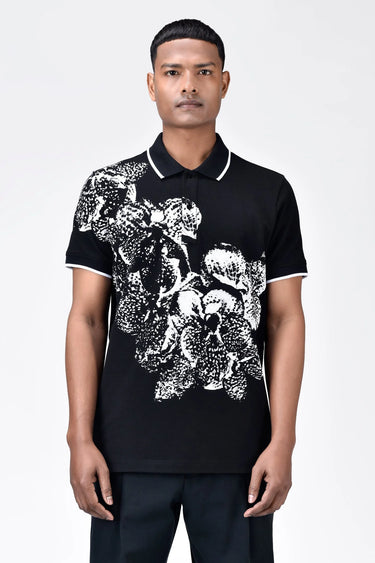 Regular Fit Polo with Contrast Tipping and Orchid Print - Black