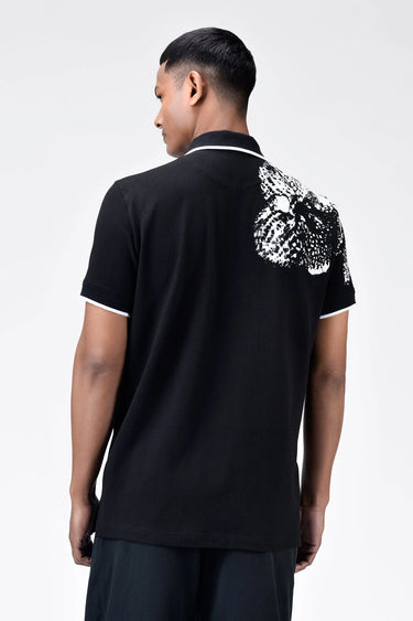 Regular Fit Polo with Contrast Tipping and Orchid Print - Black