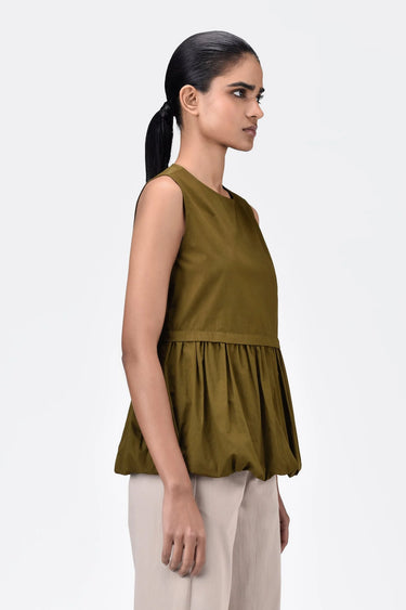 Regular Fit Round Neck Top With Voluminous Hem-Khaki - Genes Lecoanet Hemant