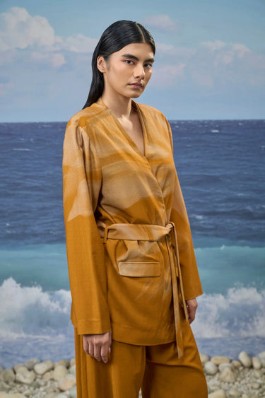 Caramel viscose nylon jacket for women showing lightweight smooth fabric texture