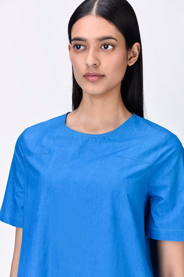 Relaxed Fit Dress with Gathered Panel - Azure Blue