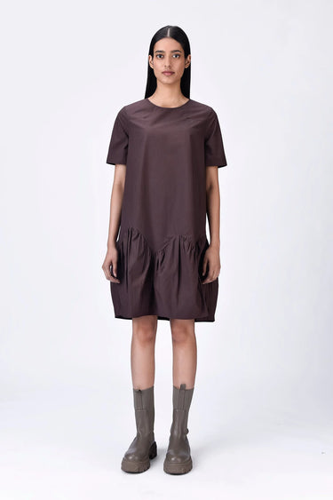 Relaxed Fit Dress with Gathered Panel - Brown