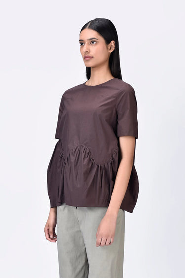 Relaxed Fit Giza Cotton Poplin Top - Brown