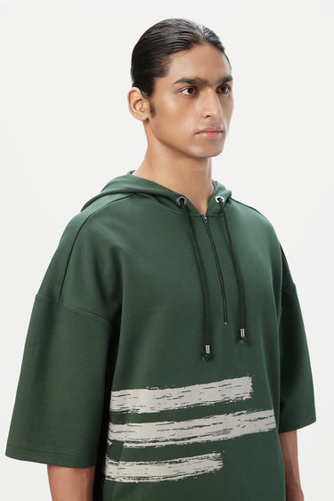 Relaxed Fit Hoodie T-Shirt with Brushed Logo Print Placement-Forest Green